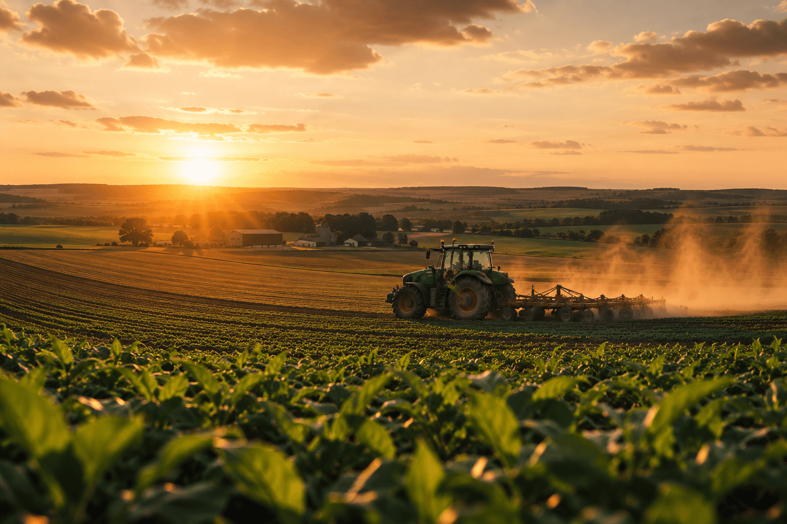 Traktor bei der Bodenbearbeitung im Abendlicht mit Staubspur auf dem Feld
