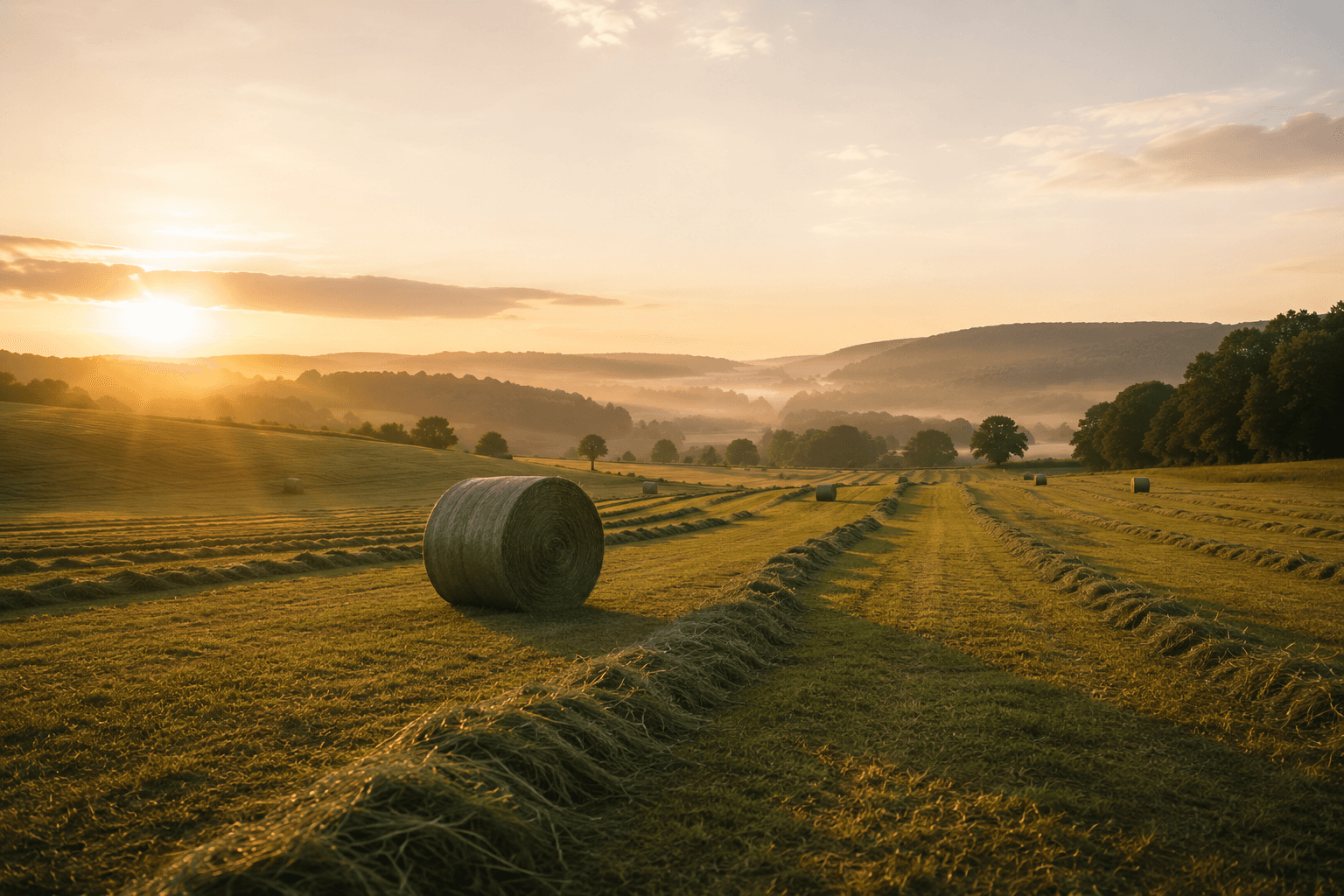 Rundballen auf frisch bearbeiteter Wiese bei Sonnenuntergang