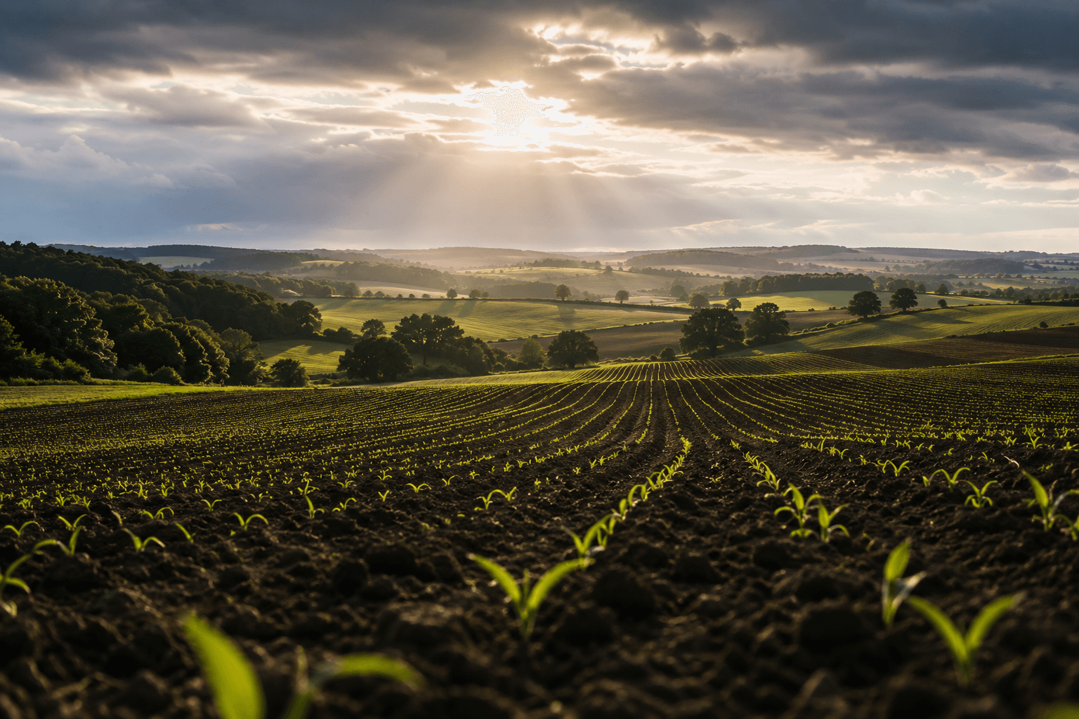 Jungpflanzen auf einem Feld unter wechselhaftem Himmel mit Sonnenstrahlen