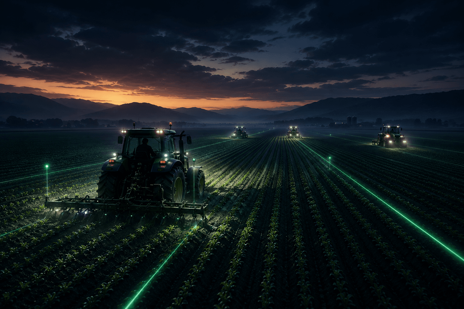 Mehrere Traktoren arbeiten bei Dämmerung mit digitalen Spurlinien auf dem Feld