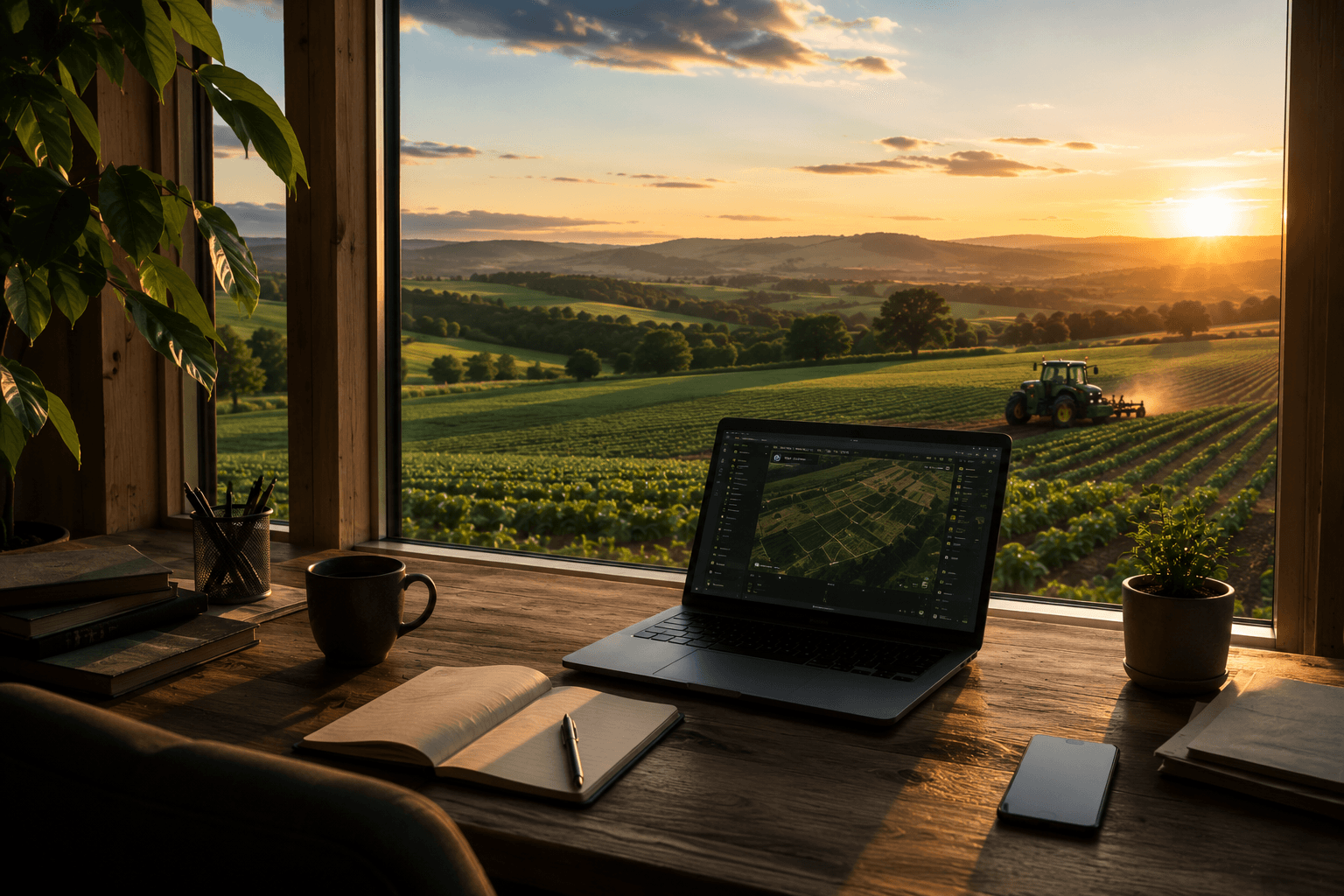 Digitaler Arbeitsplatz mit Kartenansicht und Blick auf Schweizer Agrarflächen