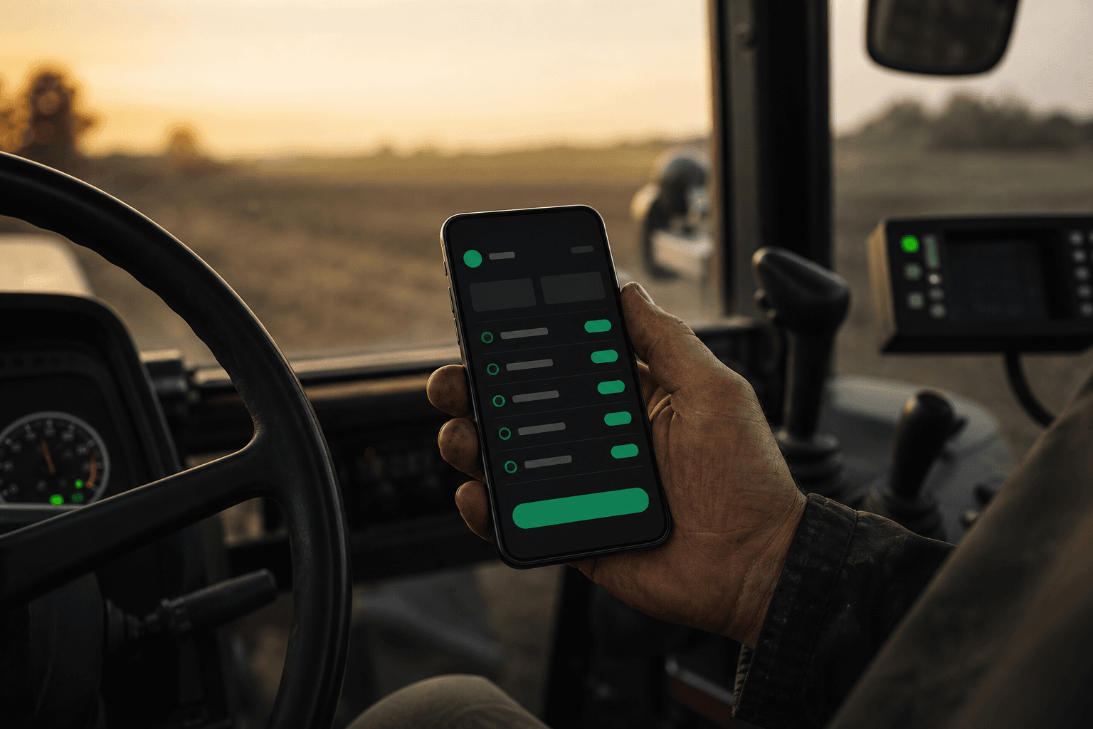 Fahrer bedient eine einfache Feldagent-App mit grossen Bedienelementen im Traktor bei Abendlicht