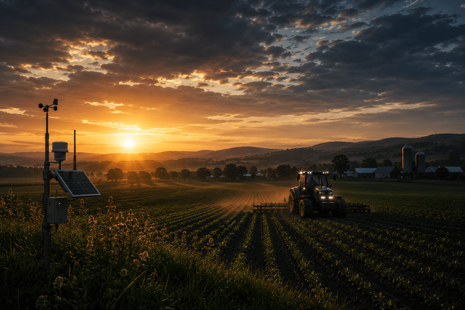 Traktor arbeitet neben einer Wetterstation bei Sonnenuntergang auf einem Feld