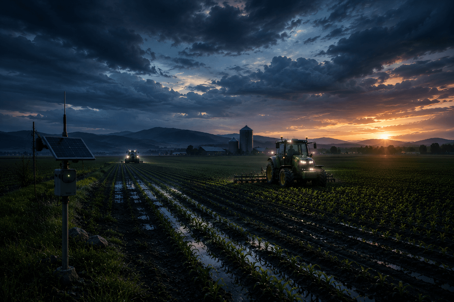 Traktor auf nassem Feld bei Abendlicht als Symbol für dokumentierte Feldarbeit